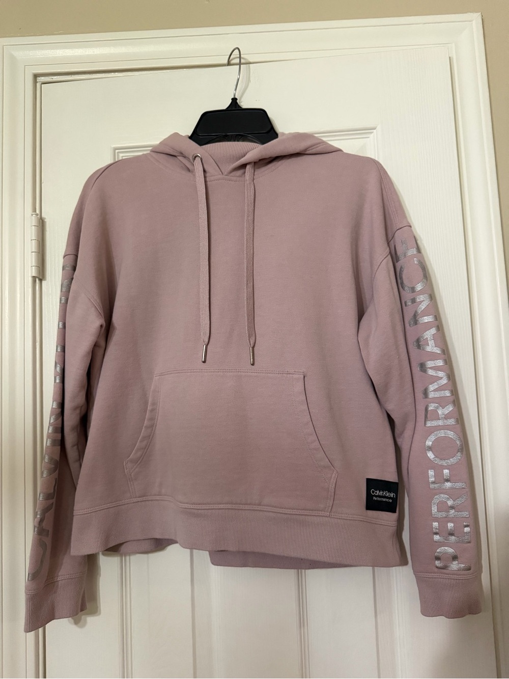 Calvin Klein Performance Women’s Hoodie M Mauve Pink Logo Sleeve Fleece Pullover